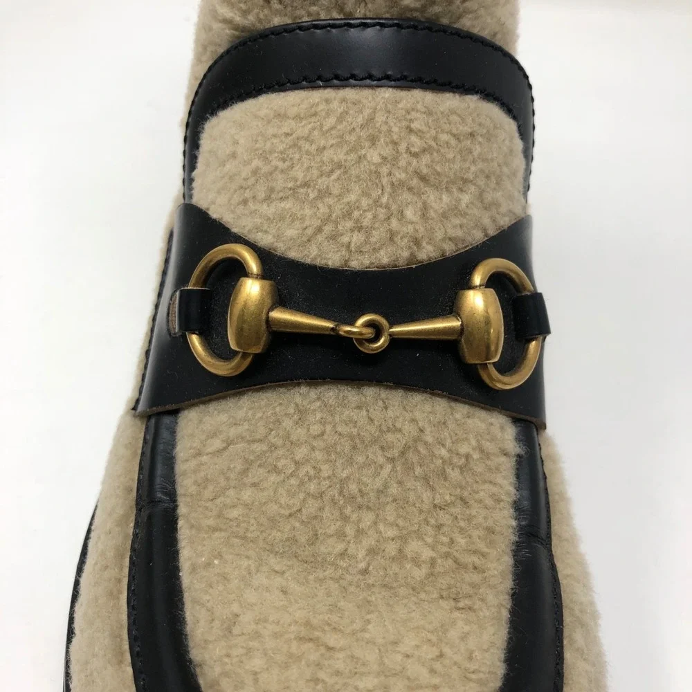Gucci Ankle Shearling Combat‎ Boot Horsebit Womens 37.5 US 7.5 Beige Designer